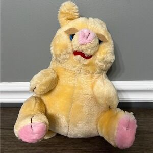 Vintage Yellow Plush Pig Stuffed Animal Toy Pink Snout Blue Eyes Cute